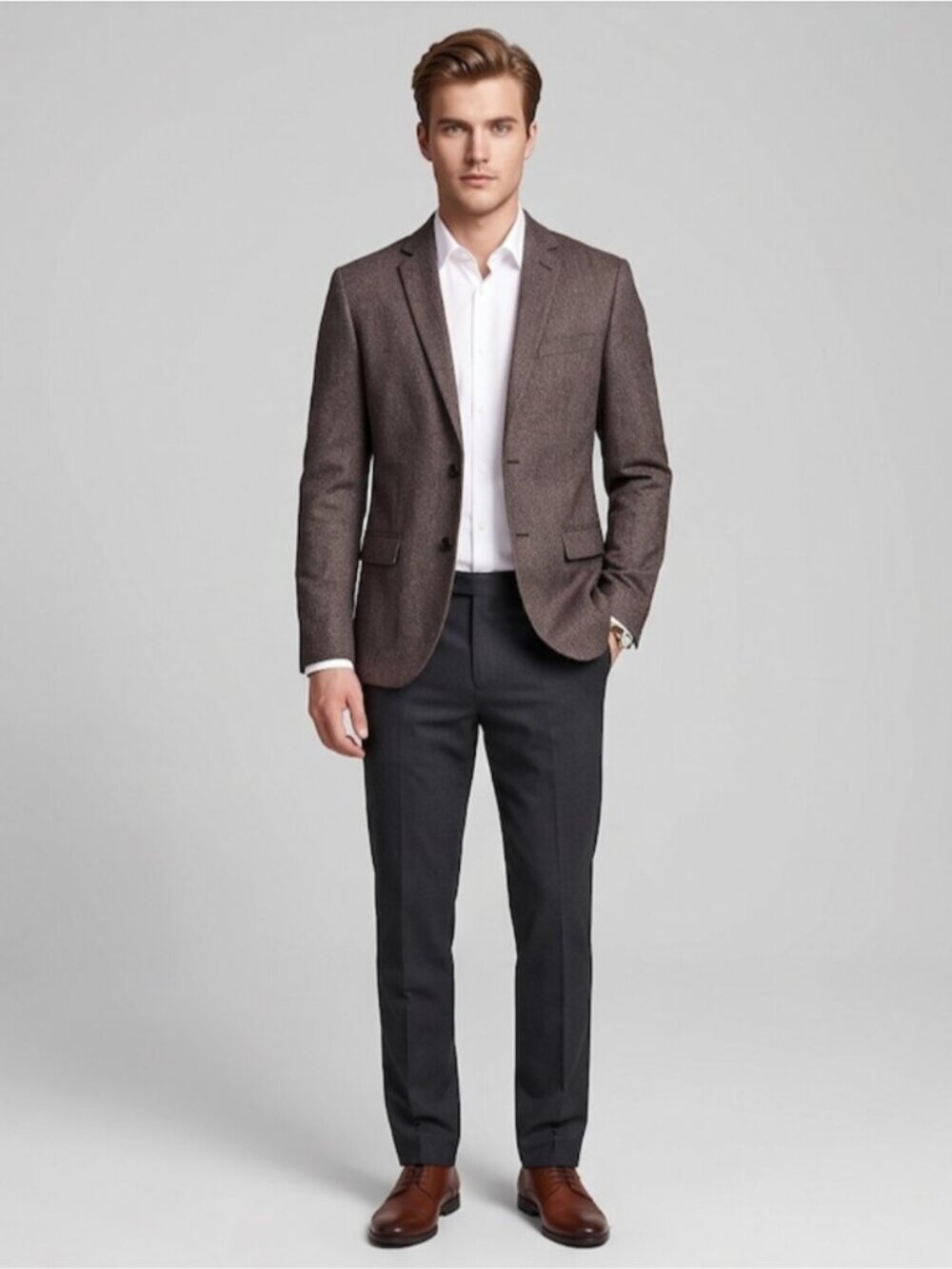 H&M Men's Slim Fit Lined Blazer Jacket Brown Charcoal Textured 34R